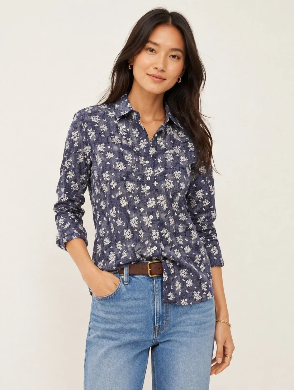 ❤️ J CREW PERFECT FIT CHAMBRAY FLORAL BUTTON DOWN BLUE WHITE COTTON SHIRT, XS